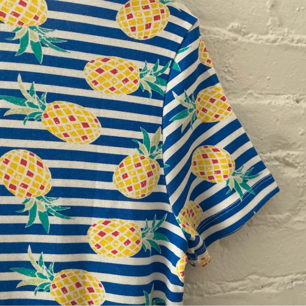 NWT Womens Blue Striped Top 100% Cotton Yellow Pineapple Print Tropical Summer L - Picture 9 of 11